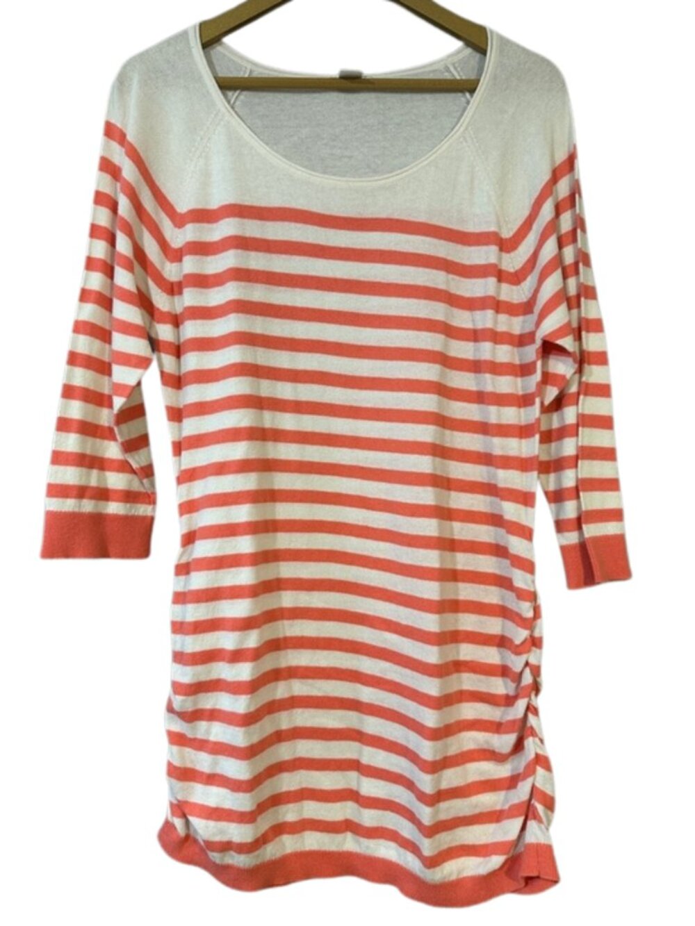 Motherhood Maternity Coral & Ivory Striped Tunic Top | 3/4 Sleeve Ruched Sides
